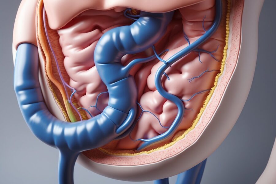 Imagem detalhada do estômago humano mostrando o piloro aberto e o fluxo para o duodeno.