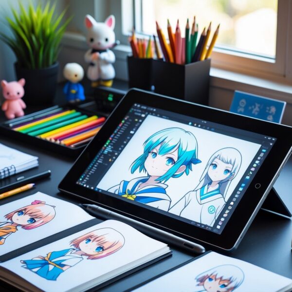 Mesa de trabalho organizada com materiais de desenho e um tablet digital mostrando um personagem em desenvolvimento.