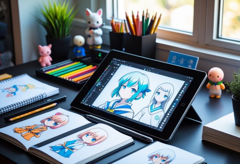 Mesa de trabalho organizada com materiais de desenho e um tablet digital mostrando um personagem em desenvolvimento.