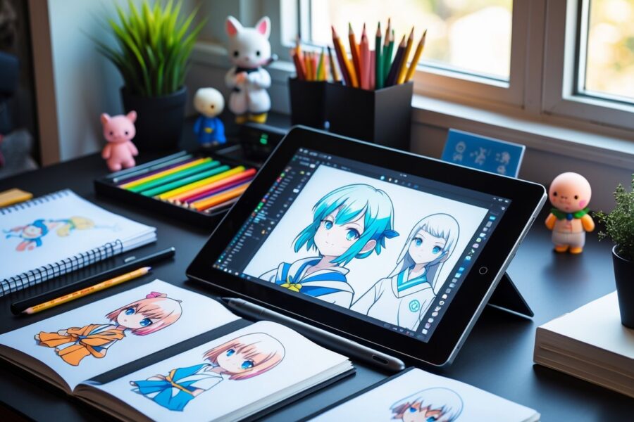 Mesa de trabalho organizada com materiais de desenho e um tablet digital mostrando um personagem em desenvolvimento.