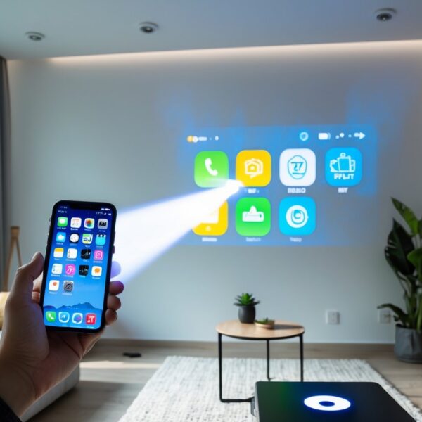 Pessoa projetando a tela do celular na parede em uma sala de estar moderna.