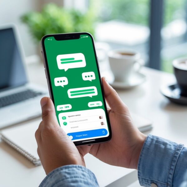 Pessoa segurando um smartphone mostrando uma tela de aplicativo de mensagens, em um ambiente de trabalho com laptop e café ao fundo.