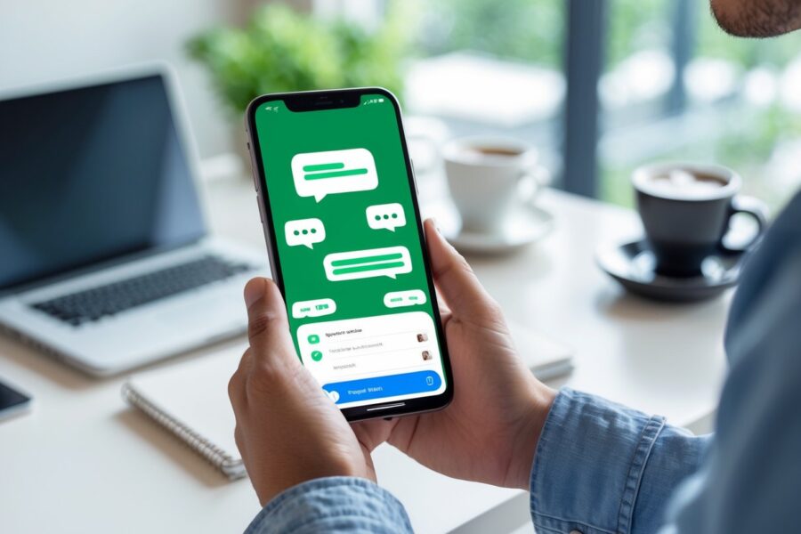 Pessoa segurando um smartphone mostrando uma tela de aplicativo de mensagens, em um ambiente de trabalho com laptop e café ao fundo.