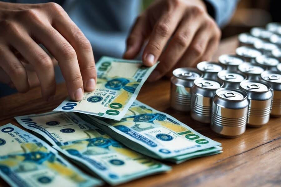 Mãos contando notas de cinquenta reais ao lado de latinhas pequenas sobre uma mesa de madeira.