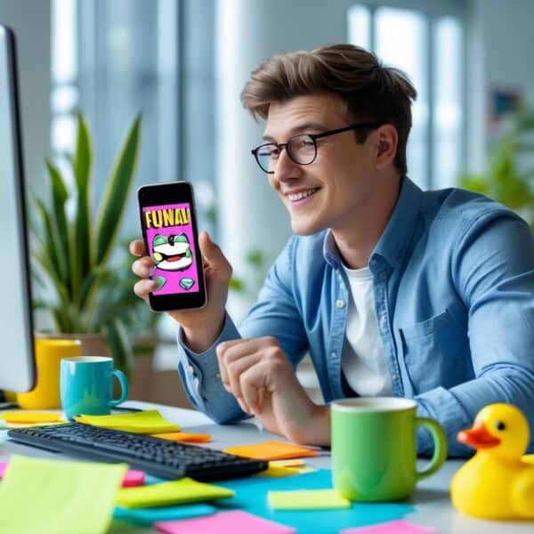 Pessoa jovem sentada em uma mesa de escritório moderna com objetos coloridos e sorrindo enquanto segura um celular mostrando uma imagem engraçada.