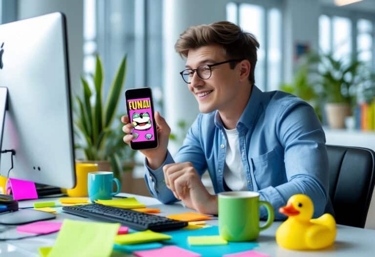Pessoa jovem sentada em uma mesa de escritório moderna com objetos coloridos e sorrindo enquanto segura um celular mostrando uma imagem engraçada.