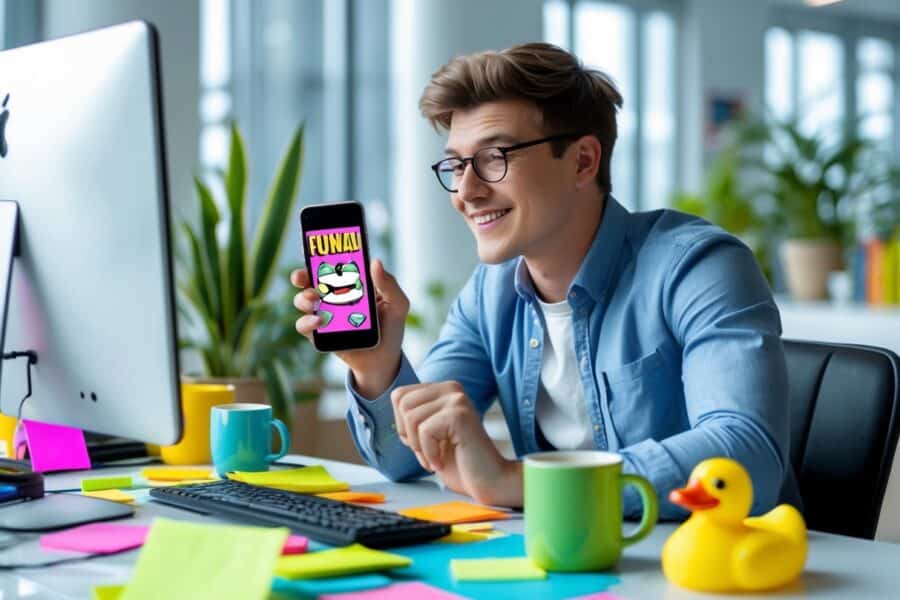 Pessoa jovem sentada em uma mesa de escritório moderna com objetos coloridos e sorrindo enquanto segura um celular mostrando uma imagem engraçada.
