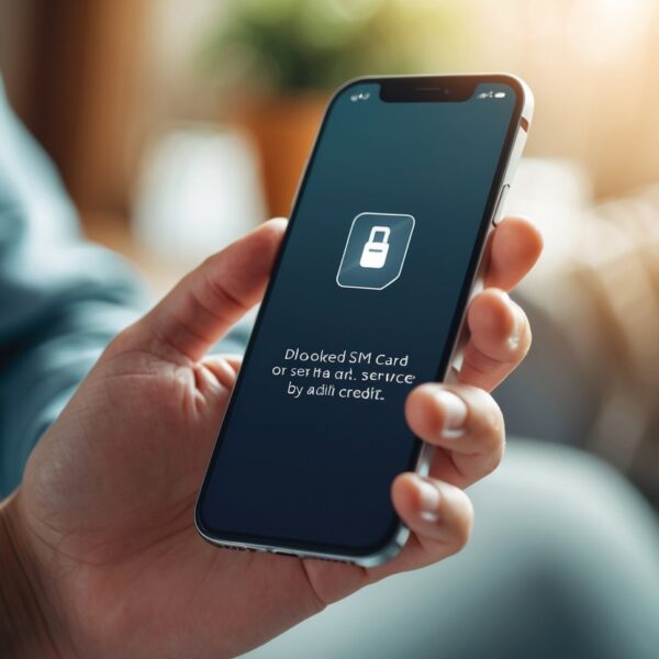 Pessoa segurando um smartphone mostrando um ícone de alerta sobre chip bloqueado.