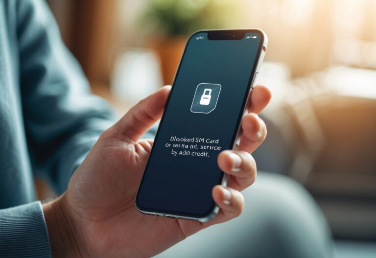 Pessoa segurando um smartphone mostrando um ícone de alerta sobre chip bloqueado.