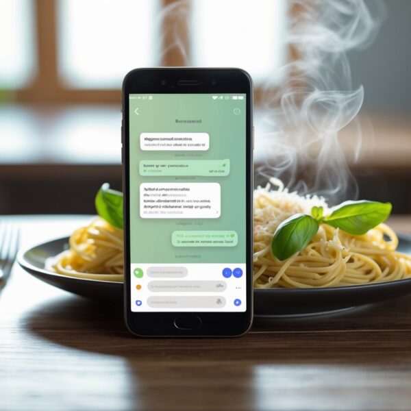 Um smartphone em uma cozinha moderna mostrando uma tela de aplicativo de mensagens, com um prato de massa fresca ao fundo sobre uma mesa de madeira.