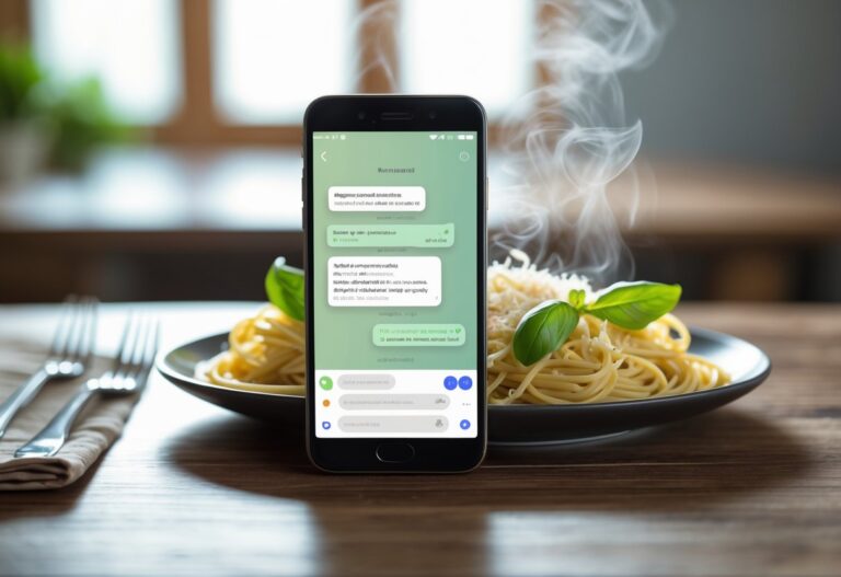 Um smartphone em uma cozinha moderna mostrando uma tela de aplicativo de mensagens, com um prato de massa fresca ao fundo sobre uma mesa de madeira.