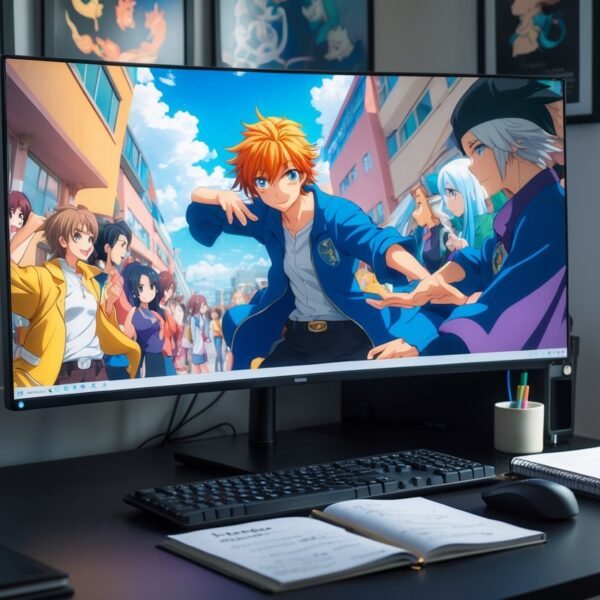 Um espaço de trabalho moderno com um monitor grande mostrando uma cena de anime colorida e personagens dinâmicos, com uma mesa organizada e iluminação natural.