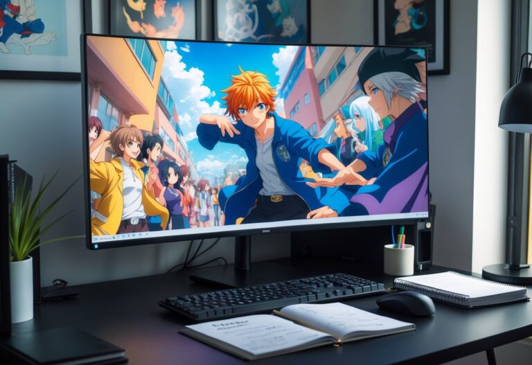 Um espaço de trabalho moderno com um monitor grande mostrando uma cena de anime colorida e personagens dinâmicos, com uma mesa organizada e iluminação natural.