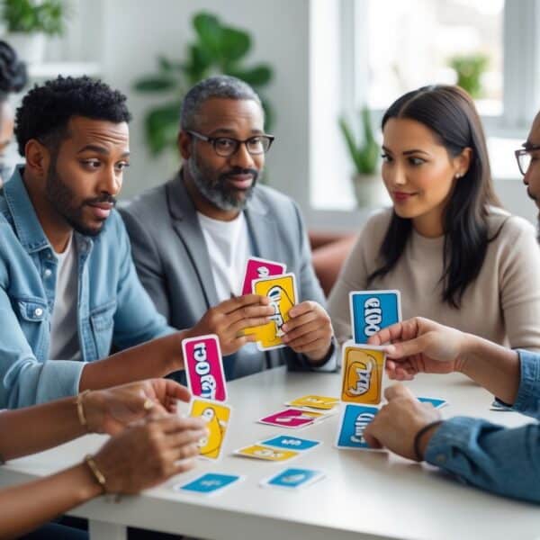 Duas pessoas jogando cartas em uma mesa, discutindo regras de um jogo de cartas coloridas, em uma sala iluminada e confortável.