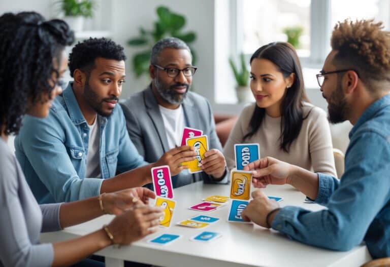 Duas pessoas jogando cartas em uma mesa, discutindo regras de um jogo de cartas coloridas, em uma sala iluminada e confortável.