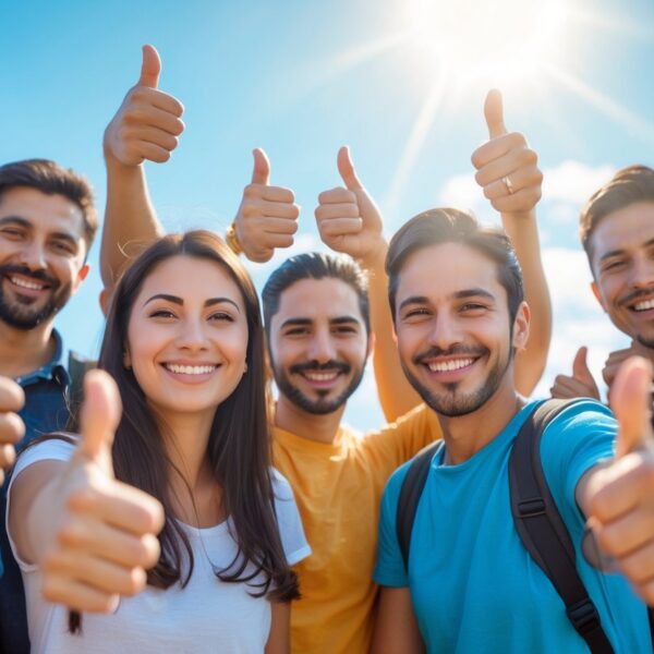 Grupo de pessoas sorrindo ao ar livre, fazendo gesto de positivo com as mãos em um dia ensolarado.