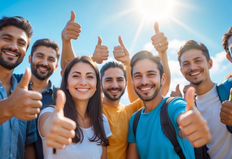 Grupo de pessoas sorrindo ao ar livre, fazendo gesto de positivo com as mãos em um dia ensolarado.