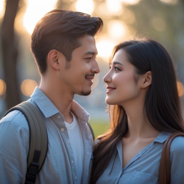 Um homem e uma mulher jovens se olhando com carinho em um parque urbano ao entardecer.