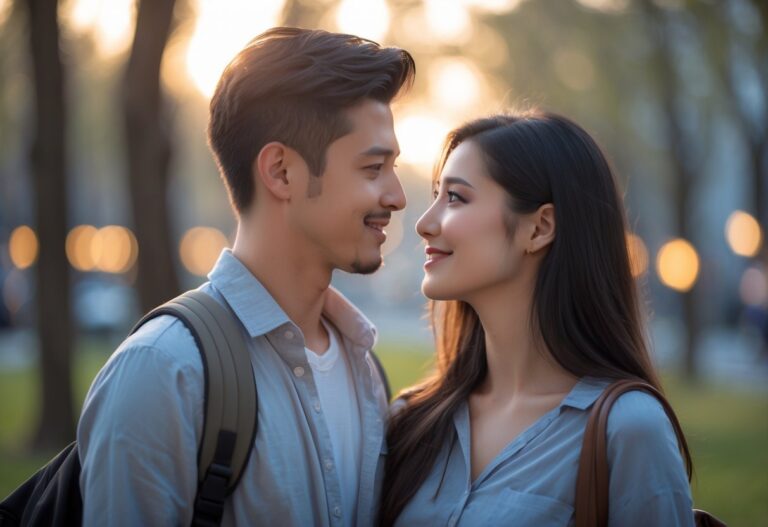 Um homem e uma mulher jovens se olhando com carinho em um parque urbano ao entardecer.
