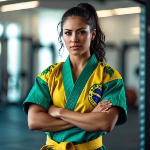 Mulher jovem e confiante em um ginásio moderno, vestindo um kimono de artes marciais com faixa verde e amarela, em uma postura forte e determinada.