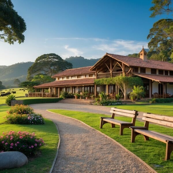 Hotel fazenda rústico rodeado por pastagens verdes, árvores nativas e um céu azul claro, com uma trilha de cascalho levando ao prédio principal e vacas pastando ao fundo.