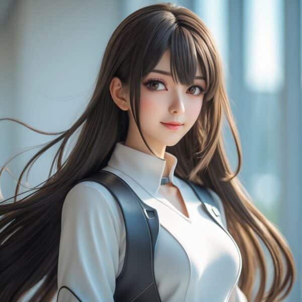 Personagem de anime com cabelo longo, olhando para frente com expressão confiante.