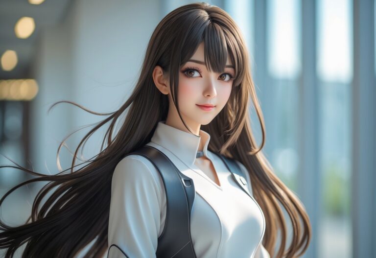Personagem de anime com cabelo longo, olhando para frente com expressão confiante.