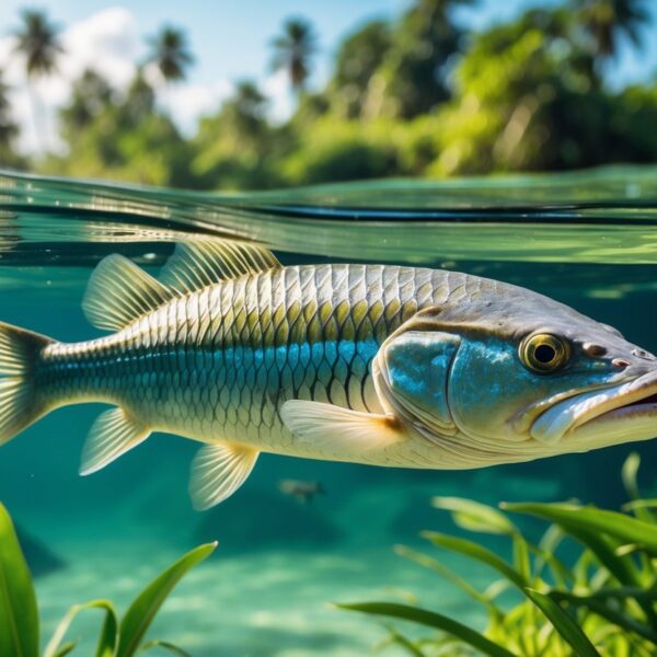 Pirarucu grande nadando em água clara de rio amazônico com plantas aquáticas e vegetação tropical ao fundo.
