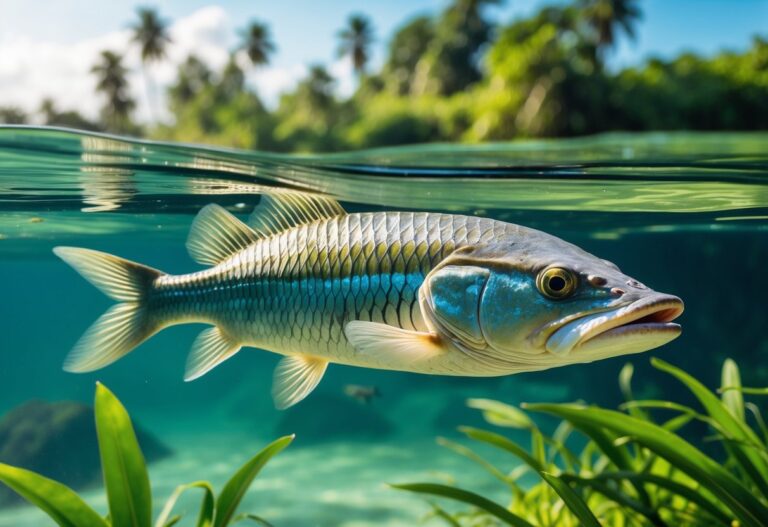 Pirarucu grande nadando em água clara de rio amazônico com plantas aquáticas e vegetação tropical ao fundo.