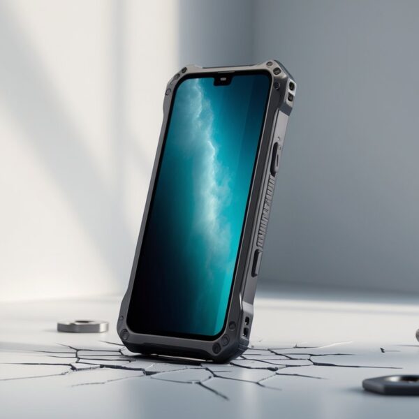 Smartphone resistente com design robusto em uma superfície limpa, destacando sua durabilidade.