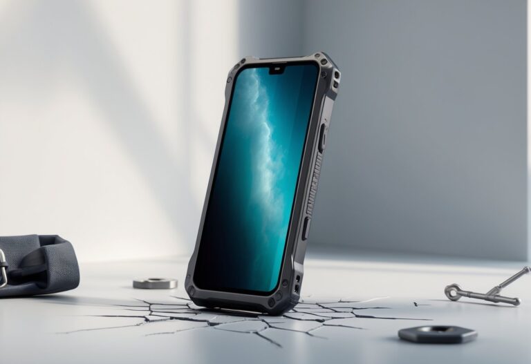 Smartphone resistente com design robusto em uma superfície limpa, destacando sua durabilidade.