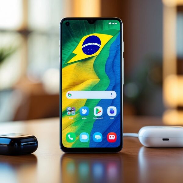 Um smartphone moderno brasileiro em uma mesa de madeira, acompanhado por fones de ouvido sem fio e base de carregamento, em um ambiente interno iluminado naturalmente.
