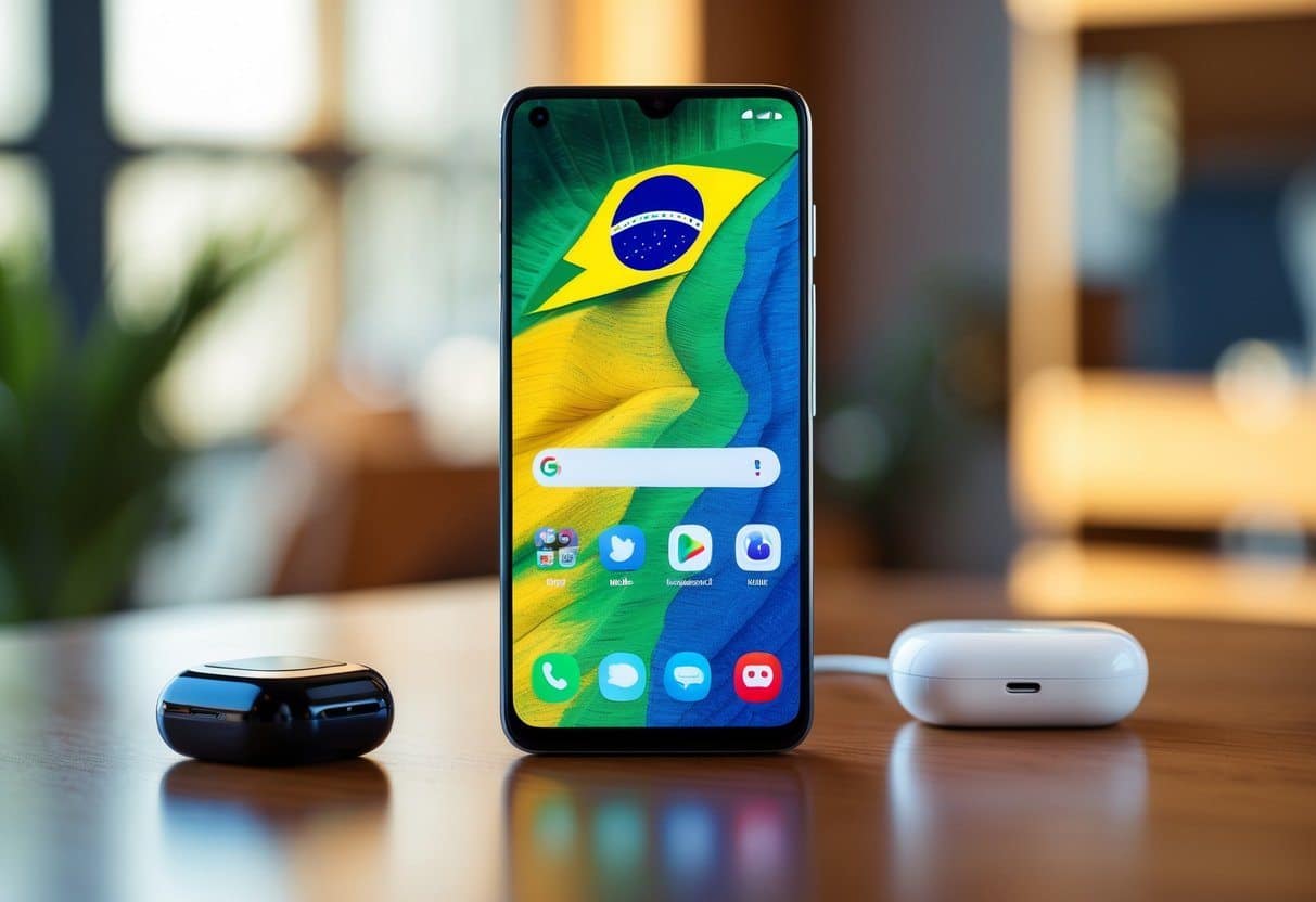 Um smartphone moderno brasileiro em uma mesa de madeira, acompanhado por fones de ouvido sem fio e base de carregamento, em um ambiente interno iluminado naturalmente.
