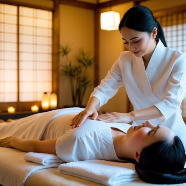 Terapeuta realizando massagem sensual japonesa em cliente deitado em ambiente tranquilo com decoração japonesa tradicional.