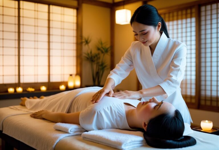 Terapeuta realizando massagem sensual japonesa em cliente deitado em ambiente tranquilo com decoração japonesa tradicional.