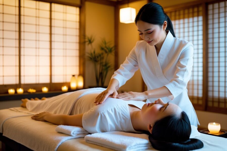 Terapeuta realizando massagem sensual japonesa em cliente deitado em ambiente tranquilo com decoração japonesa tradicional.