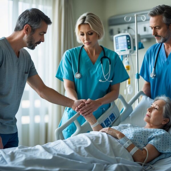 Pessoa segurando a mão de um paciente em um leito de hospital com um médico ao lado, em uma cena emotiva.