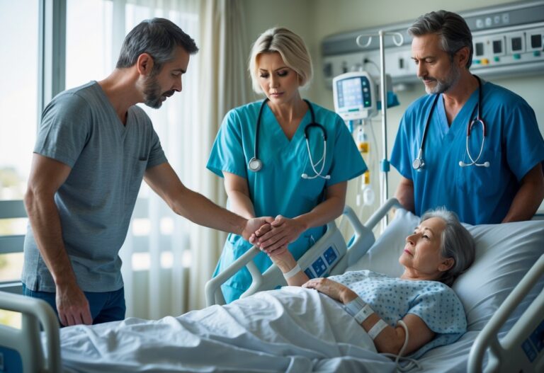 Pessoa segurando a mão de um paciente em um leito de hospital com um médico ao lado, em uma cena emotiva.