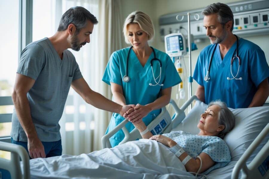 Pessoa segurando a mão de um paciente em um leito de hospital com um médico ao lado, em uma cena emotiva.