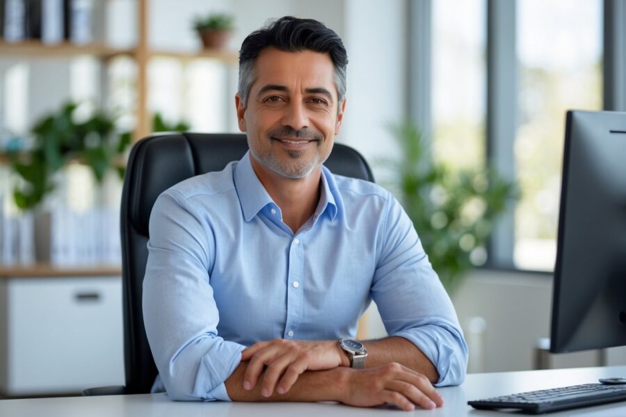 Homem de meia-idade sentado em uma mesa de escritório moderno, sorrindo e olhando para a câmera.