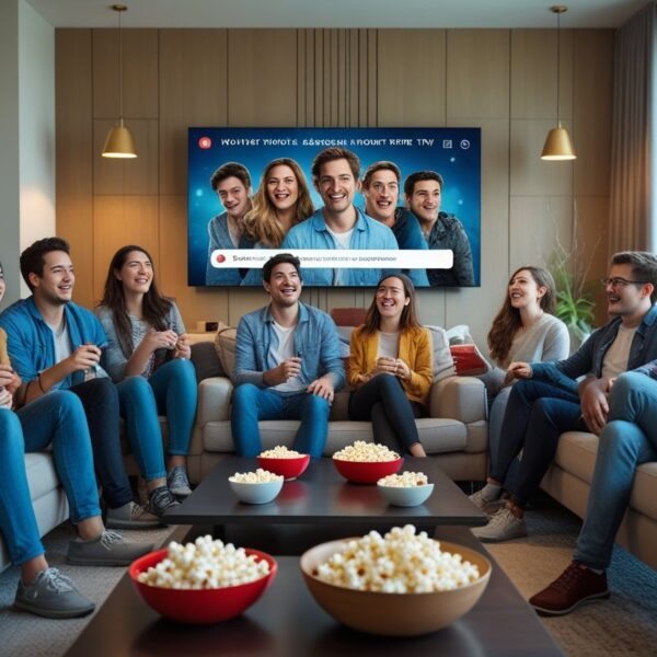Grupo de jovens assistindo a um filme em uma sala de estar moderna e aconchegante.