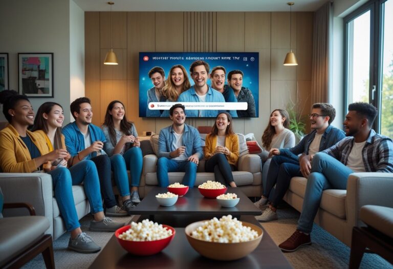 Grupo de jovens assistindo a um filme em uma sala de estar moderna e aconchegante.