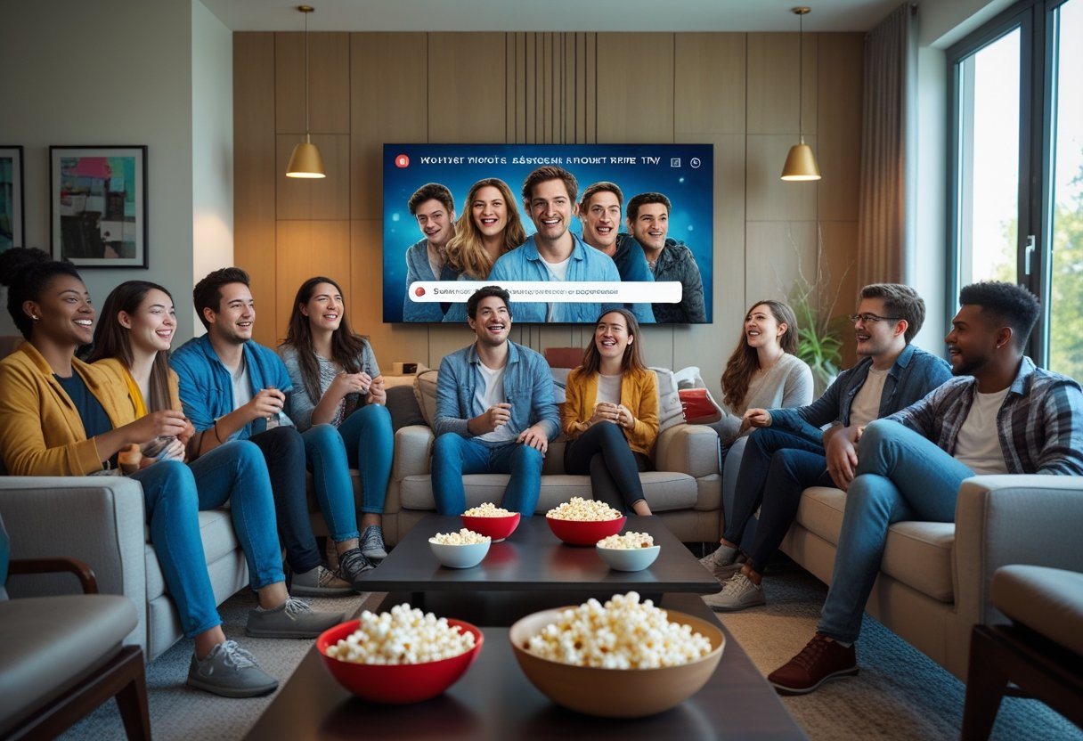 Grupo de jovens assistindo a um filme em uma sala de estar moderna e aconchegante.