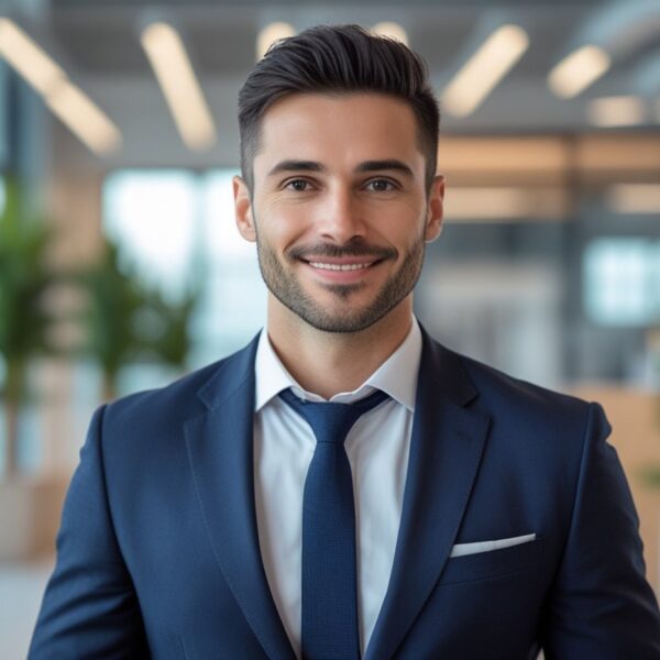 Homem sorridente vestindo terno azul em um escritório moderno e iluminado.