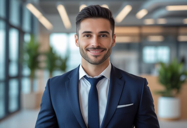 Homem sorridente vestindo terno azul em um escritório moderno e iluminado.