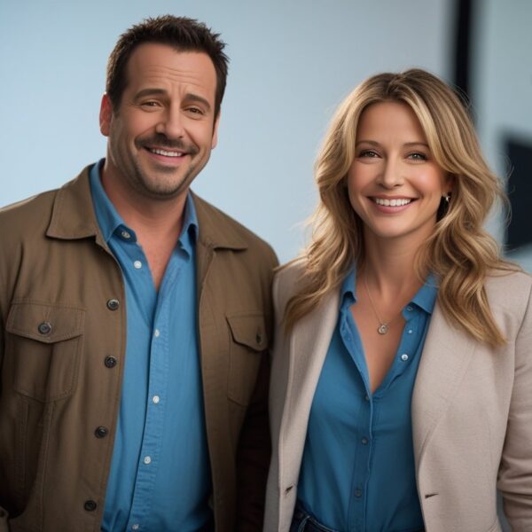 Dois atores parecidos com Adam Sandler e Jennifer Aniston sorrindo juntos em um estúdio de filmagem.