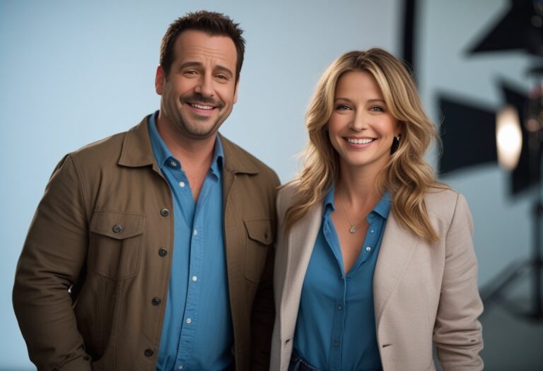 Dois atores parecidos com Adam Sandler e Jennifer Aniston sorrindo juntos em um estúdio de filmagem.