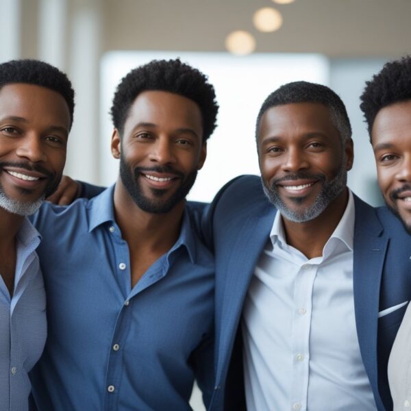 Quatro homens adultos afro-americanos juntos, sorrindo e posando de forma amigável em um ambiente interno moderno.