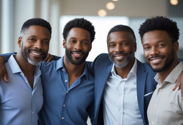 Quatro homens adultos afro-americanos juntos, sorrindo e posando de forma amigável em um ambiente interno moderno.