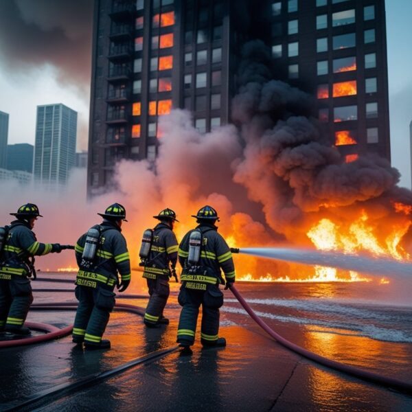Bombeiros combatendo um incêndio intenso em um prédio urbano em Chicago, com fumaça e chamas ao fundo.